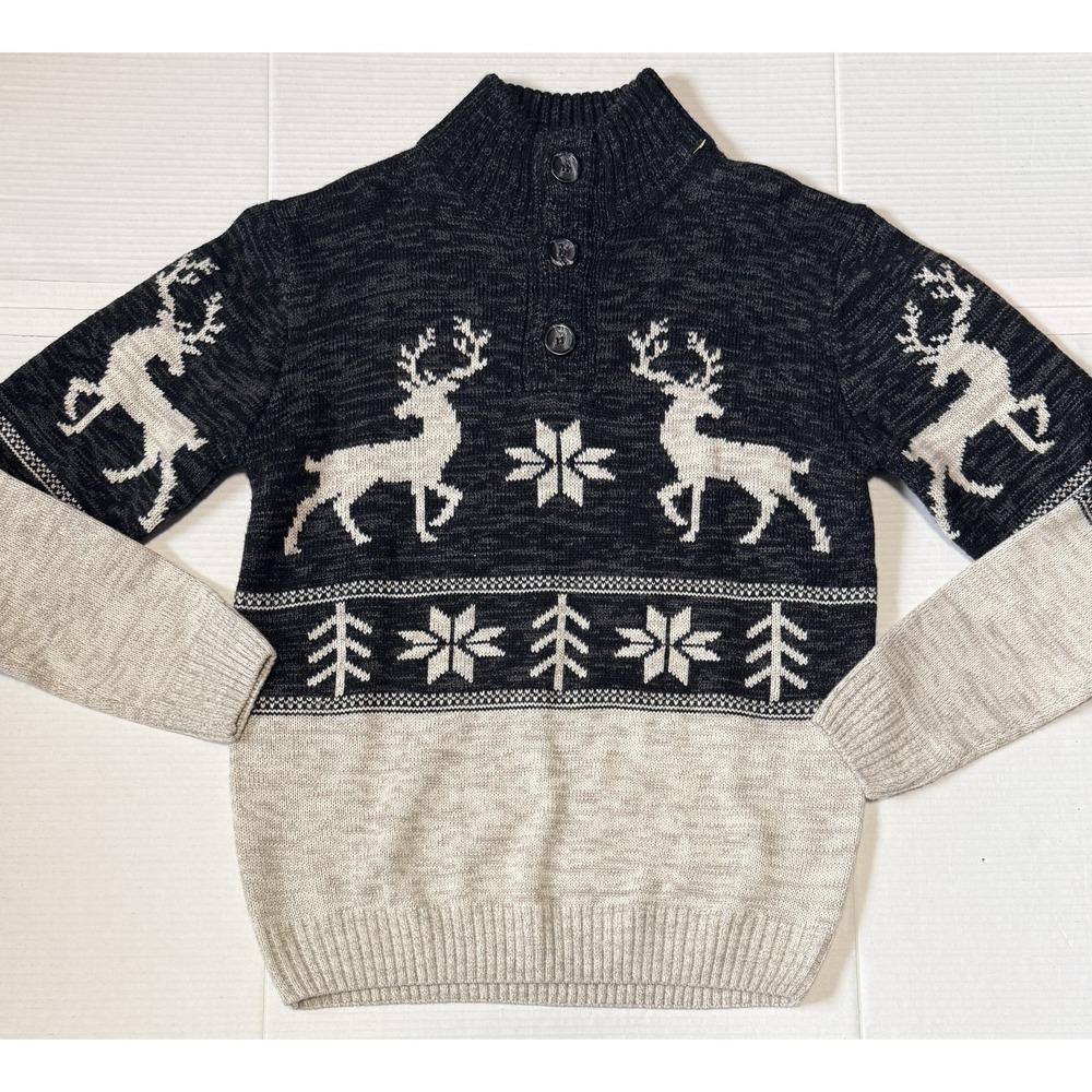 HUDSON‎ & BARROW - Men's 1/4 Button Fair Isle Deer Long Sleeve Sweater - Large